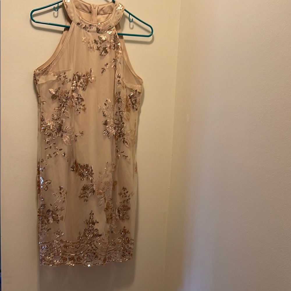 Cream Sequin Halter Mini Dress